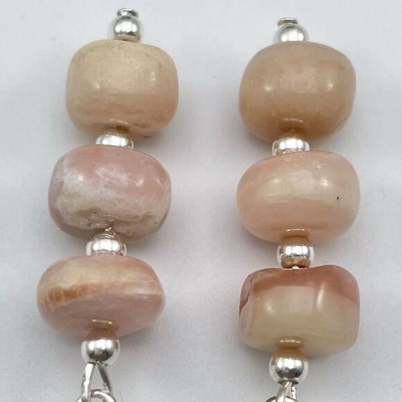 Stunning Pink Opal Round Beaded Dangle Earrings Silver Tone Boho Classic Cute - Picture 4 of 6
